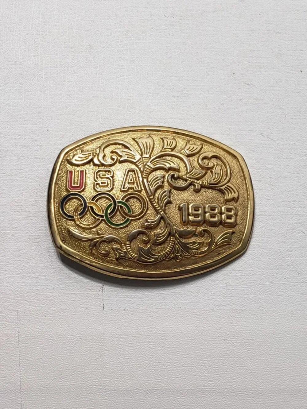 Vintage 1988 USA Olympics Belt Buckle B-K Gold Tone Enamel USOC 1987 Made USA